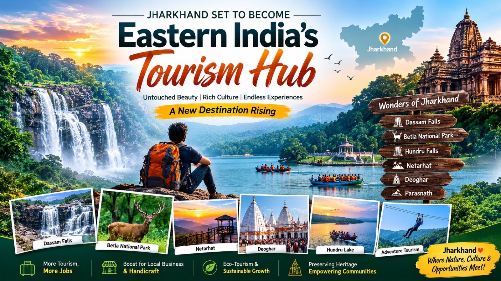 Jharkhand tourism growth showcasing waterfalls, forests, temples, and tourist