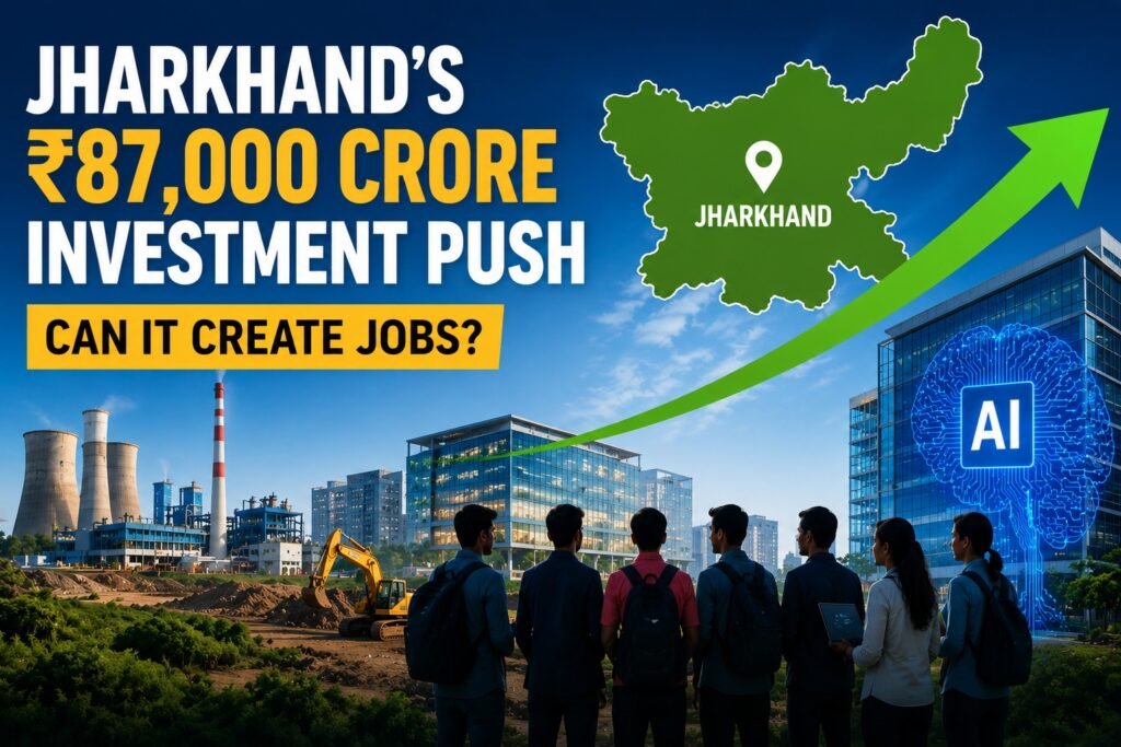 Jharkhand investment summit highlighting ₹87,000 crore investments commitments, industrial growth, AI expansion, job creation opportunities, and youth employment prospects.