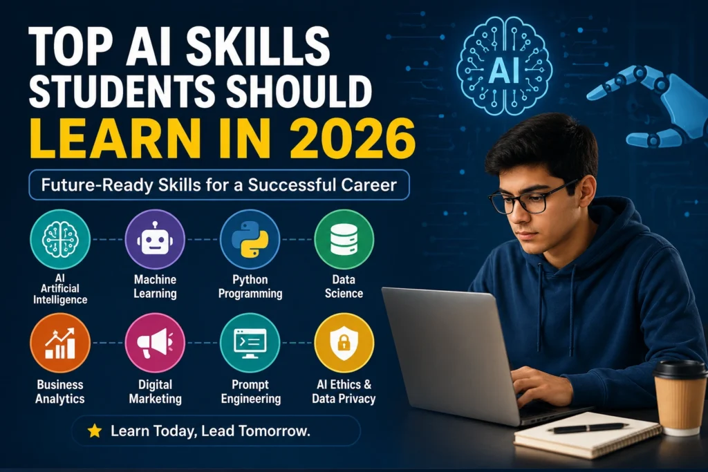 Professional using AI tools for career growth through AI skills, AI coding, AI content creation, and prompt engineering in 2026.